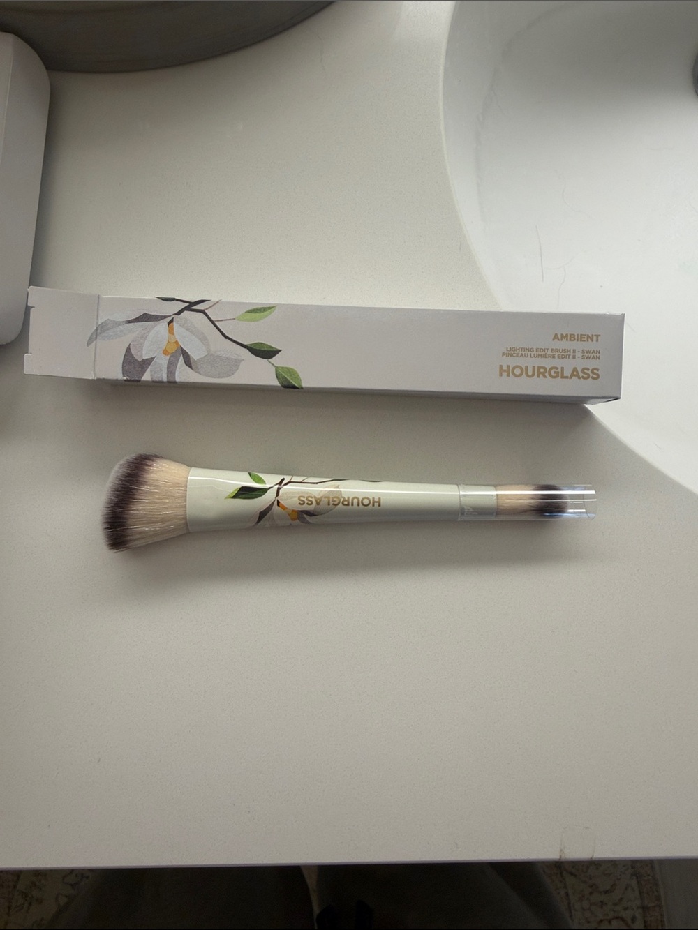 Hourglass Double-Ended Ambient Face Brush in Cream with Floral Accent